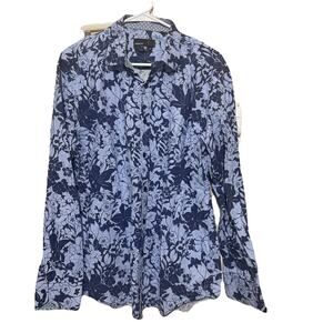QUIETI Shirt Mens L Blue Floral All Over Print Button Up Flip Cuff Hawaiian